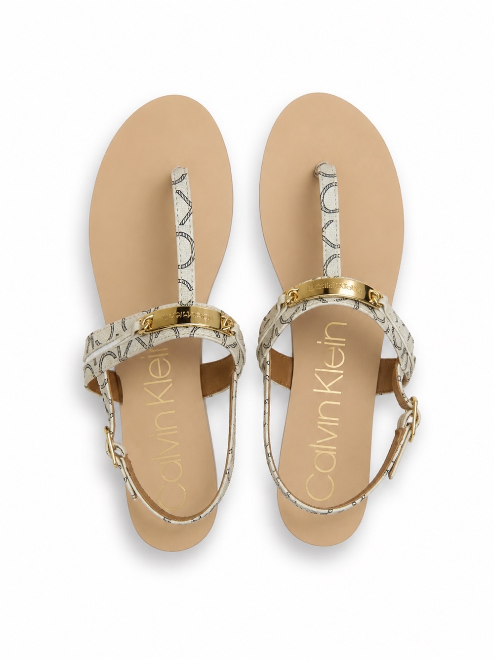 Calvin Klein Beige Logo Thong Sandals with Gold Accent